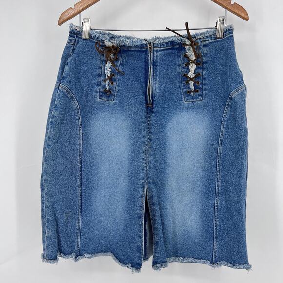vintage Y2K denim lace up skirt cut off waist 14 - Picture 6 of 7